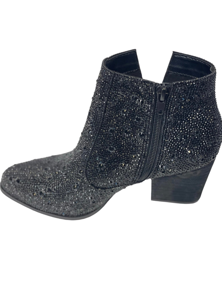 Black western-style booties are adorned with dazzling rhinestones.