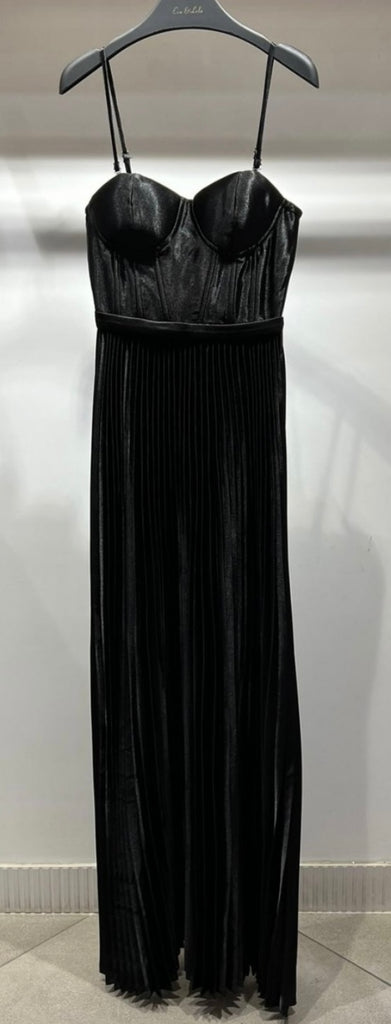 Black Coloured Satin Dress with Pleated Skirt and Versatile tie back with removable straps.