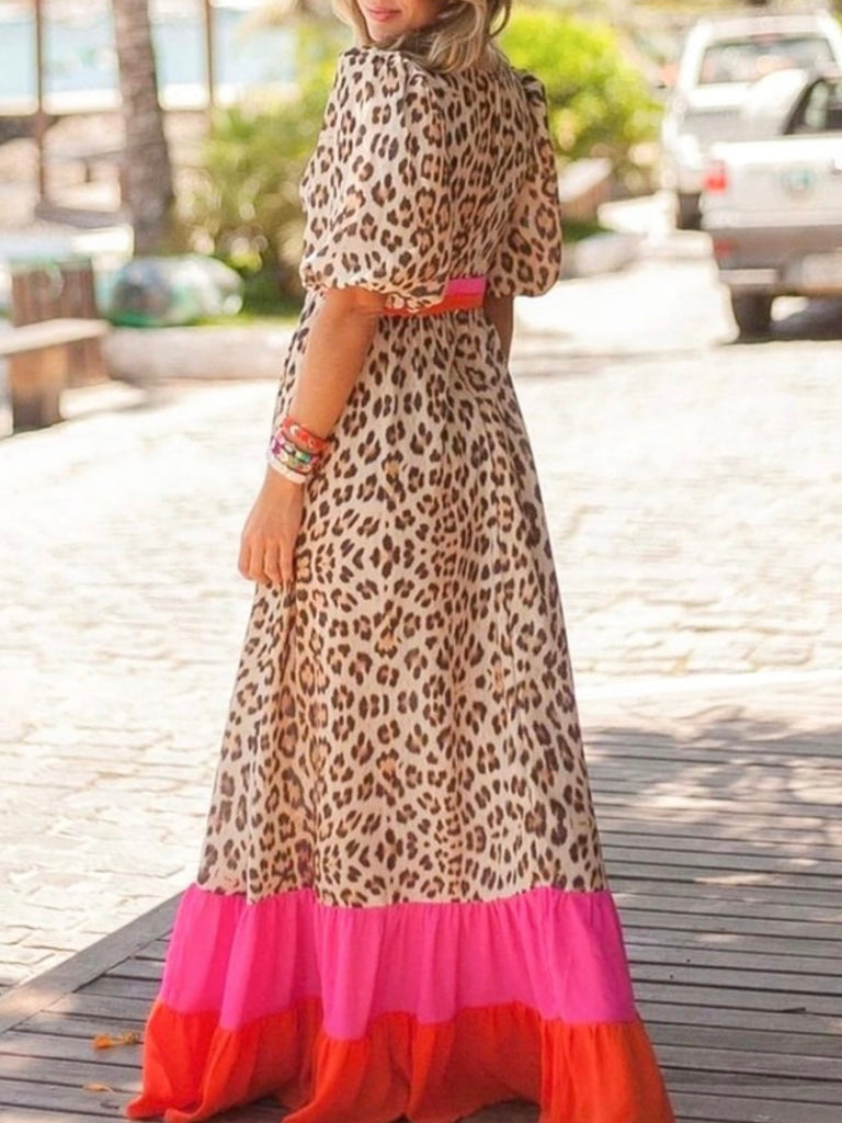 Maxi dress , combines bold leopard print with playful colour block and dramatic puff sleeves and a V-neckline