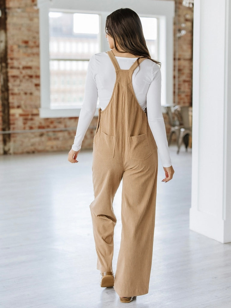  Beige , loose fit vintage-inspired corduroy Overalls with Multi-pocket design for added functionality.