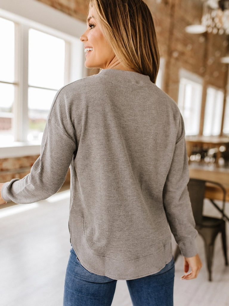 Grey Berlin Waffle Knit Long Sleeve Top made with ultra-soft and stretchy fabric and rounded hemline.