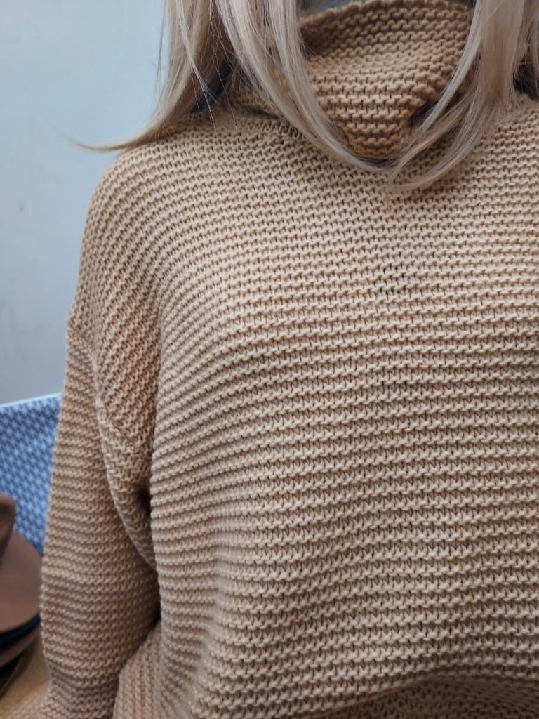 Beige colour turtleneck sweater with loose neckline and long sleeves, made from 17% nylon 28% viscose 55% polyester.