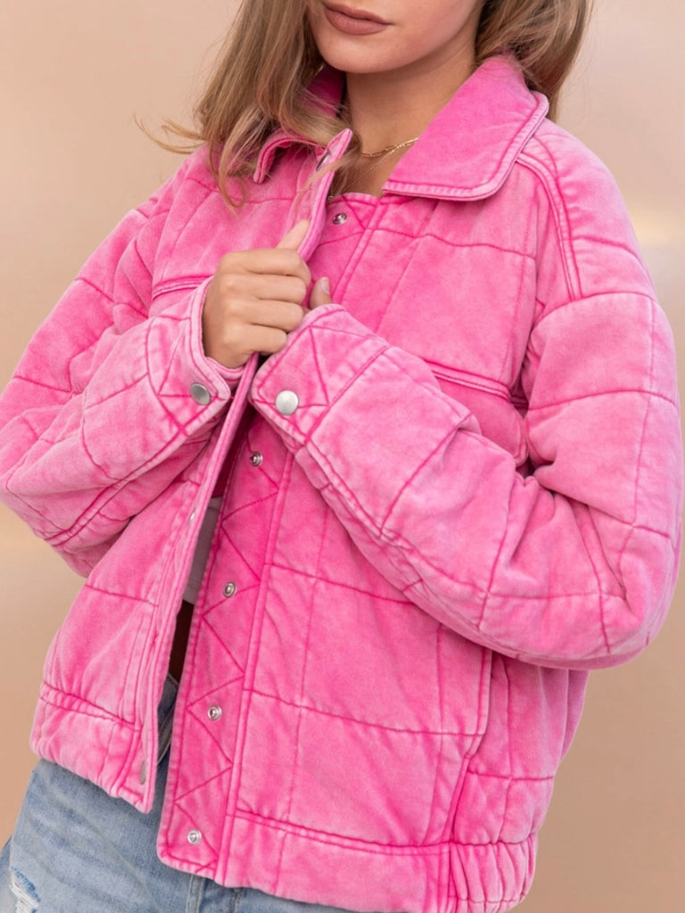 Pink Stone Washed Quilted Jacket! With a playful oversized fit and snap close.