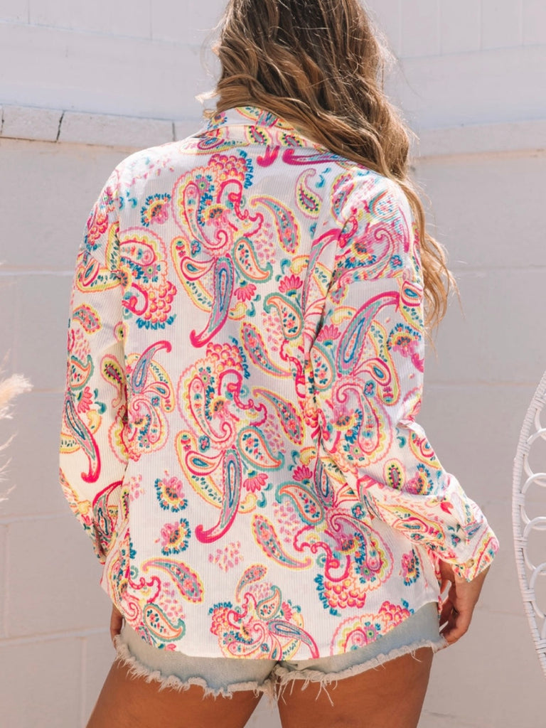  Bright paisley print corduroy shacket ,features a button front and front pockets.