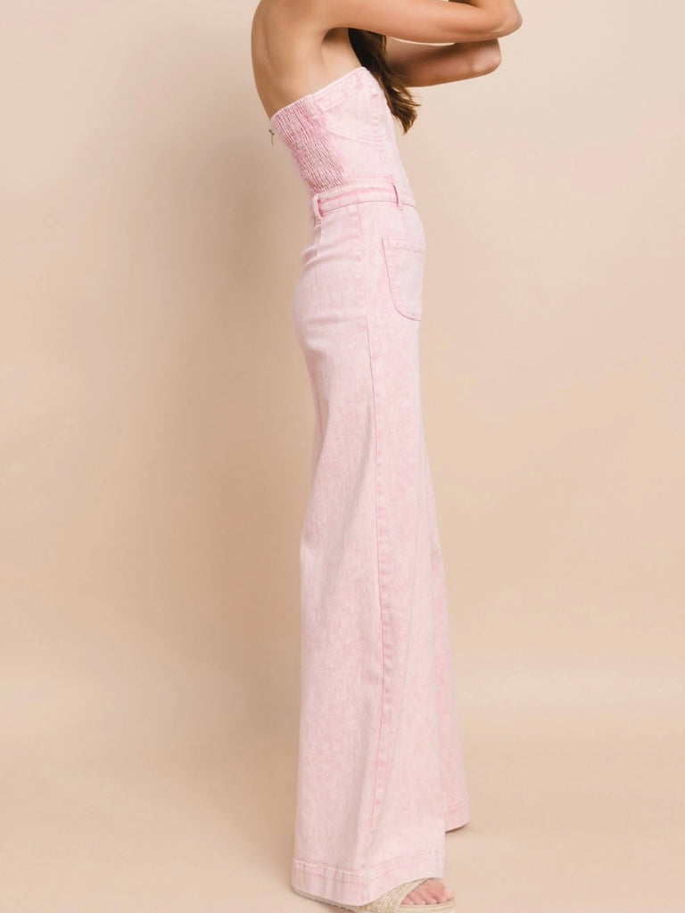 Pink Mineral Acid Washed Wide Leg Strapless Tube Top Jumpsuit has 33"inseam with a flare leg.