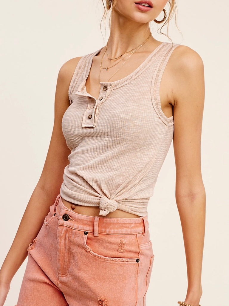 Mocha Front Button, Contrast Stitching detail tank in cotton, polyester, and spandex.