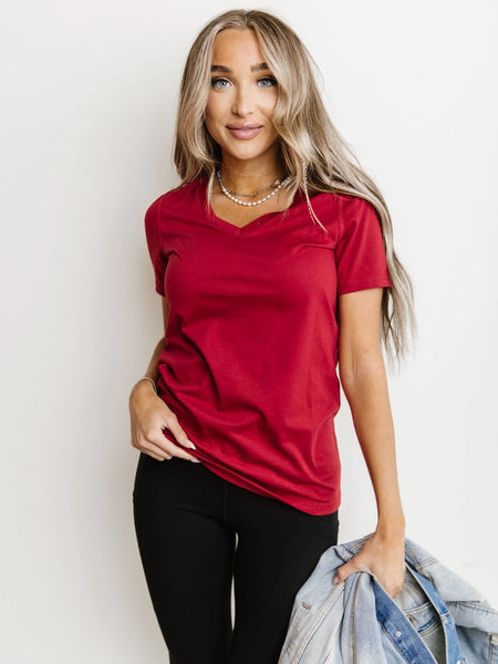 Burgandy short sleeve, v-neck t-shirt.  Medium stretch and true-to-size fit. 