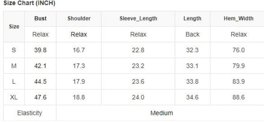 Size Chart for Long Fit Ruffled Hoodie.