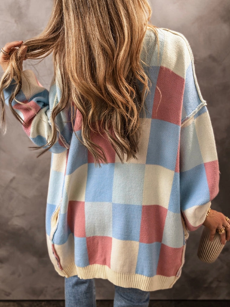 Pastel Pink, Blue, White, and Creamy Yellow Checkered Pattern Cardigan with a Relaxed Silhouette and drop shoulder  with exposed seams.