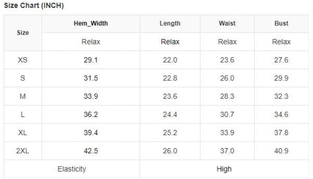 Size Chart for Gold Chain Tank Top.