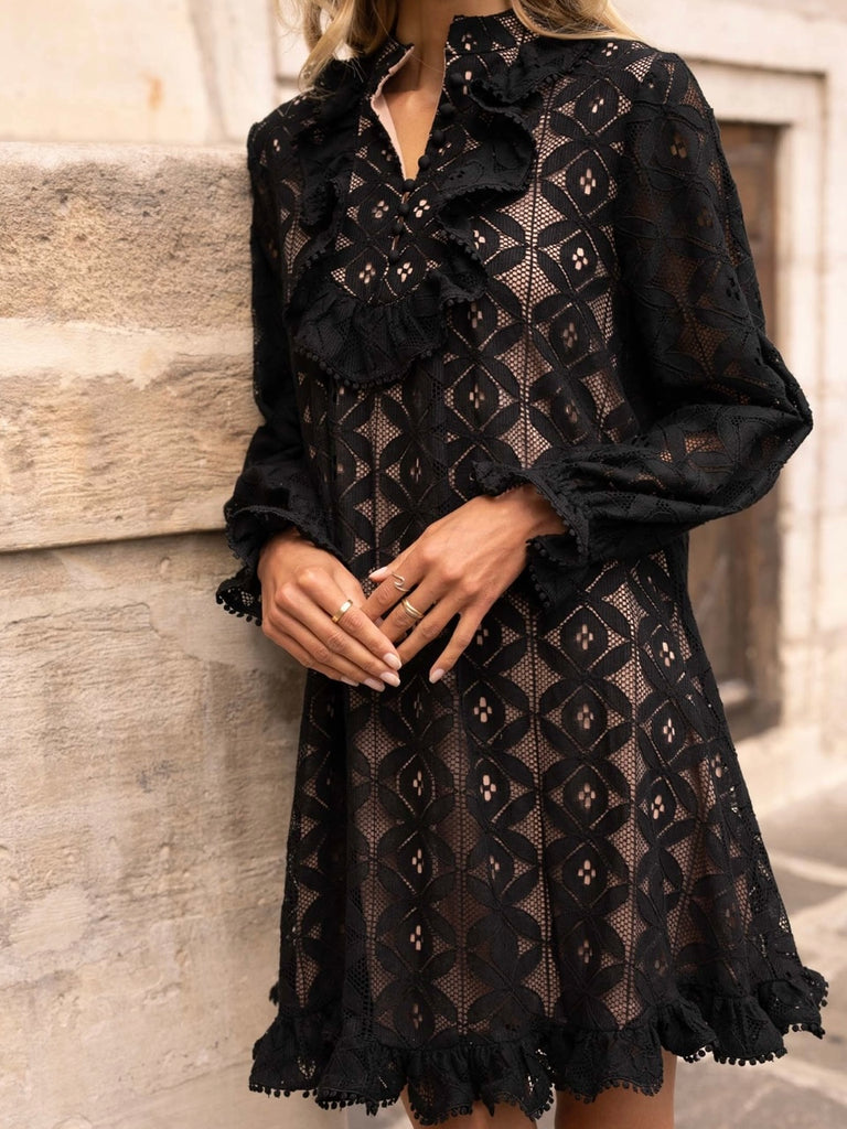 Black Lace Midi Dress featuring a frilly collar and buttons, long ruffle sleeves, and a flared cut with ruffle details at the bottom.