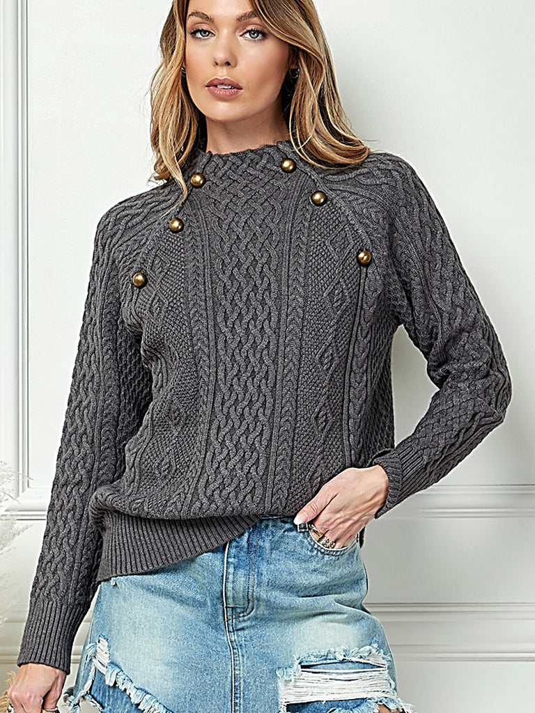 Grey Mock Neck Sweater with Long Sleeves and a cool Button Front Detail.