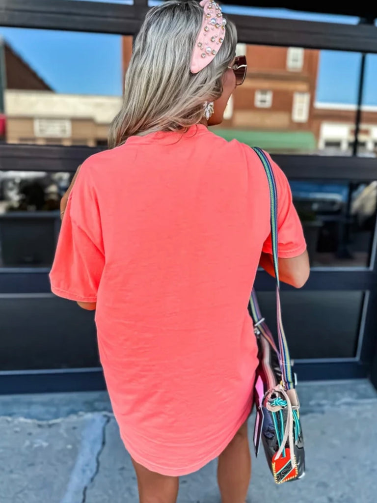 Add a Splash of colour to your wardrobe with this Neon Red Orange graphic T-shirt that says "Save Water Drink Margs".