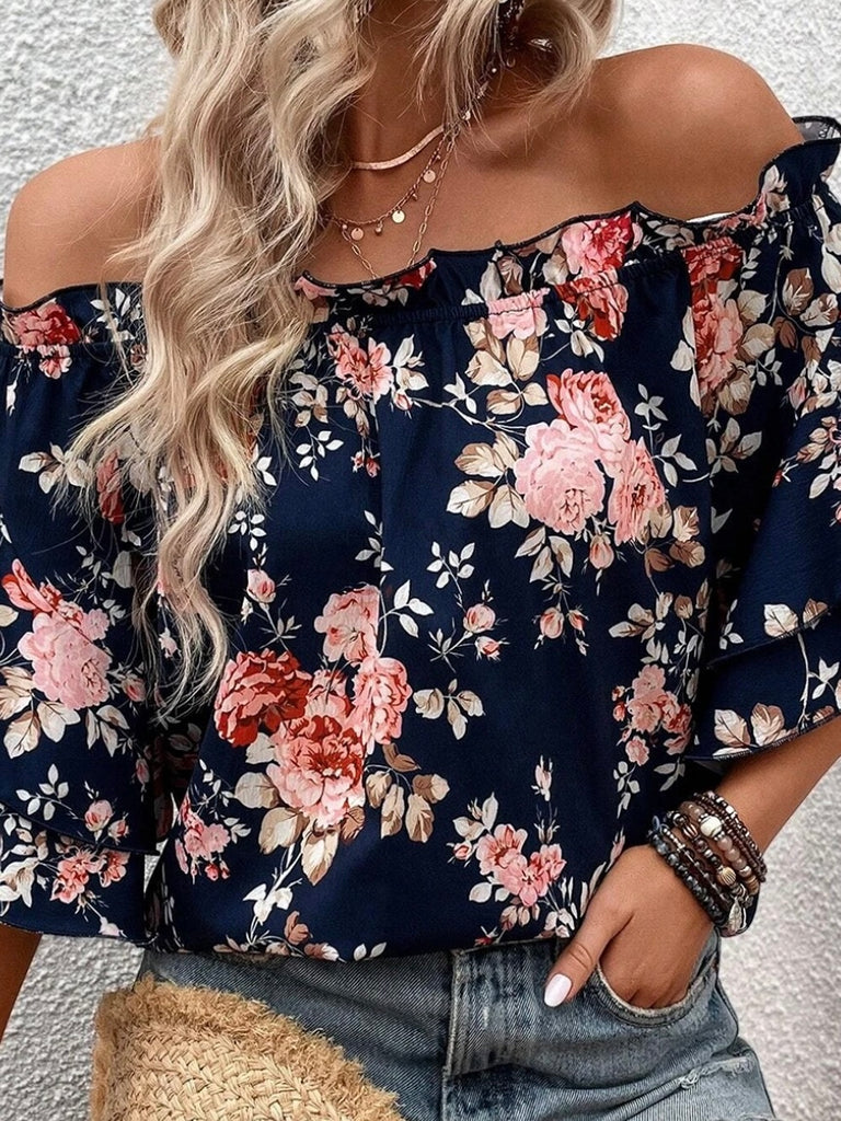 Roomy , Modern  Floral Print  Off  The Shoulder Top ,stylish and comfortable for those hot summer nights .