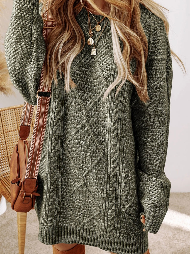 Olive Green Cable Knit Sweater Dress loose fit for all body shapes, with an intricate cable knit detailing ,perfect for those fall and winter days .