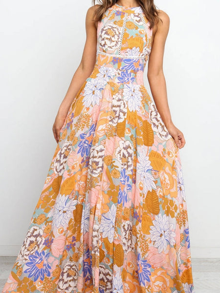 Floral print and sleeveless halter style tie, open back,  maxi dress.