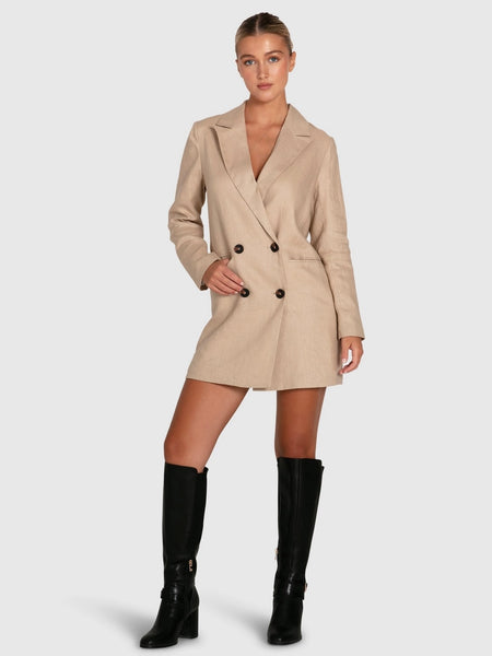 Oversized fit blazer dress in linen can be worn on its own over a mini slip dress or as a jacket with jeans and a crop top.