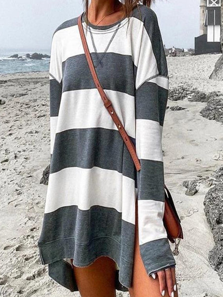 Long Sleeve, Loose Fit, Grey and  White Striped Oversized Crew Top , with a Side Split Hem