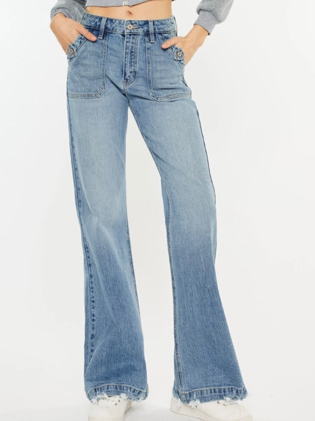 kancan jeans for women with wide pockets on the front and a flare leg