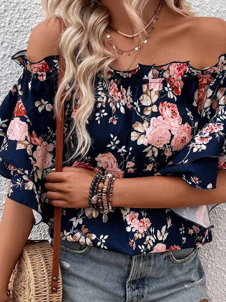  Off The Shoulder  Blue  Floral Pattern with a Flounce Sleeve top,  perfect for  those warmer days.