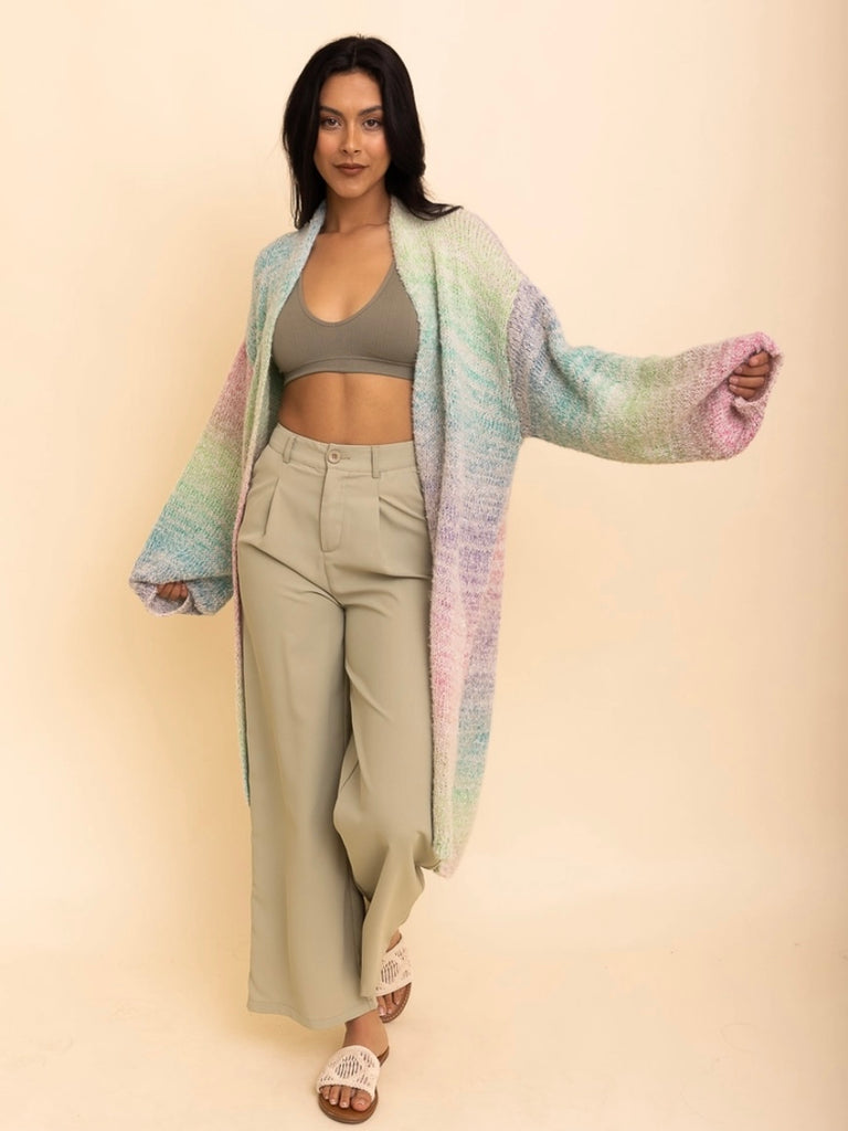  One-size- Ombre Knit Longline Cardigan with the romantic vibrant sunset ombre design.