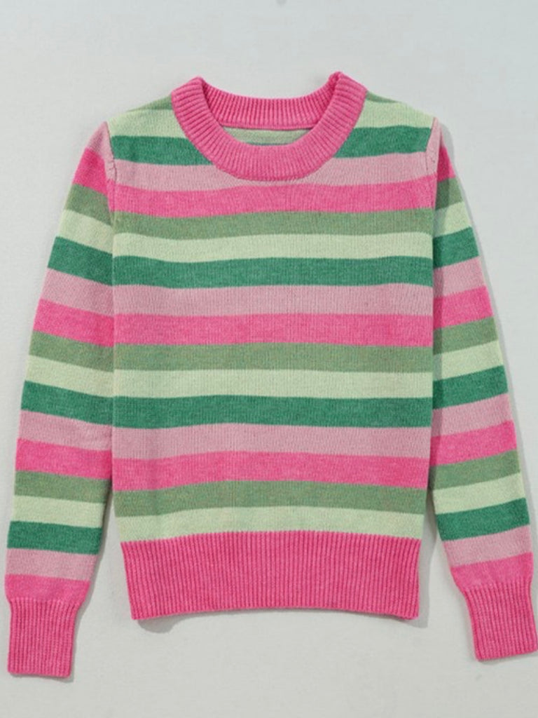 Pink Greenery , Stripe Sweater ,with  color-block stripes , features a Relaxed, comfortable silhouette with a flattering round neck, and ribbed edges at cuffs and hemline for added style and coziness.