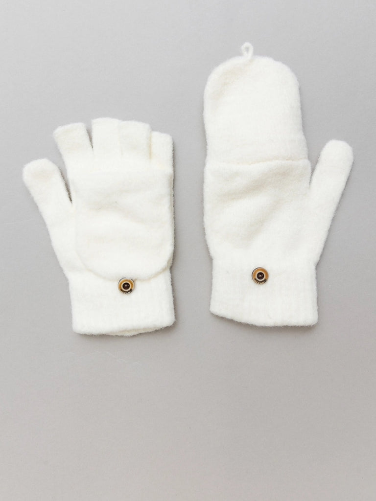 Ivory Cozy knit convertible fingerless gloves with mitten flap. 100% acrylic.