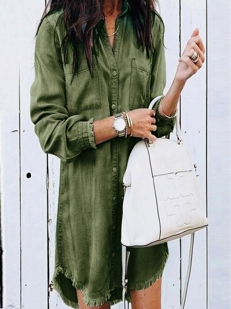 Olive Green Tunic Featuring raw-hemmed long sleeves and two convenient front pockets and Button up front.