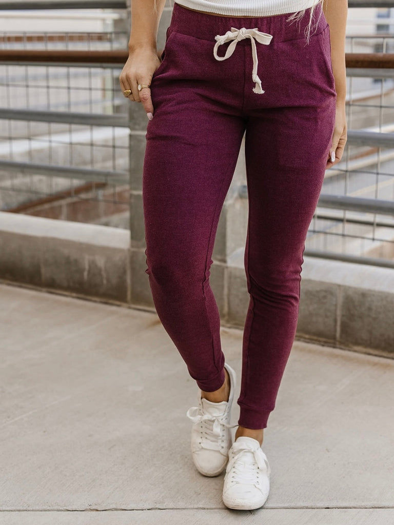 Wine Coloured Ultra Soft Fleece Joggers with tie waist and triple stretch feature for comfort.