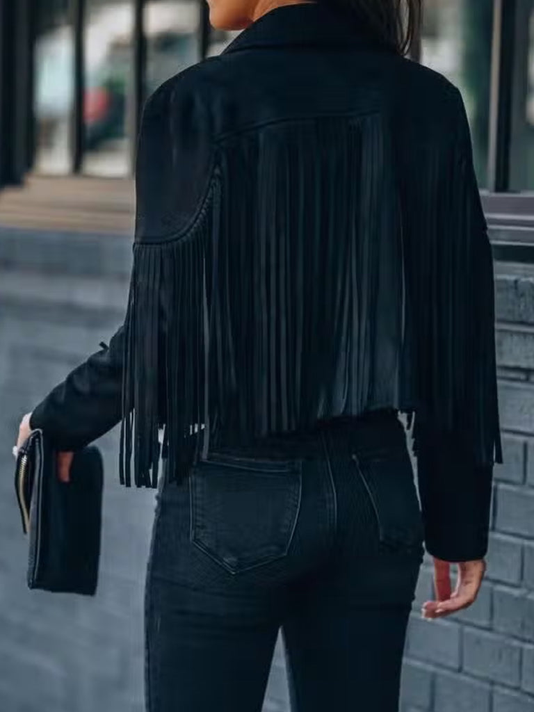 Black Get Fringed  Boho Jacket, playful fringed detail add that western or boho vibe you are looking for. 