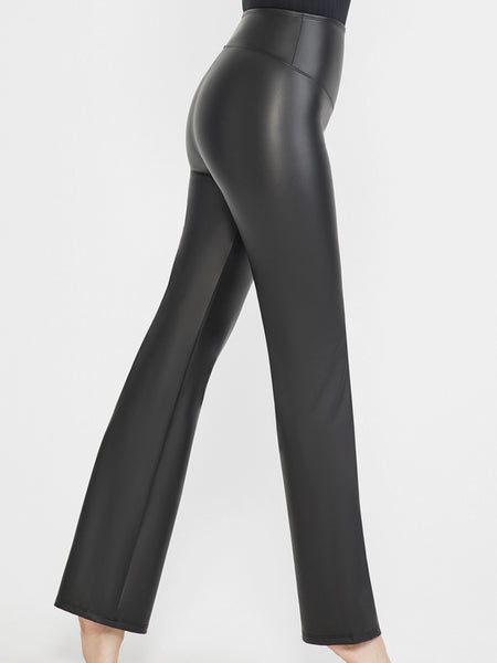 Faux Leather Shaping Bootcut Pant with 4-way stretch faux leather  with an hourglass-shaped 2-ply waistband , and 360° shaping from waist to ankle.