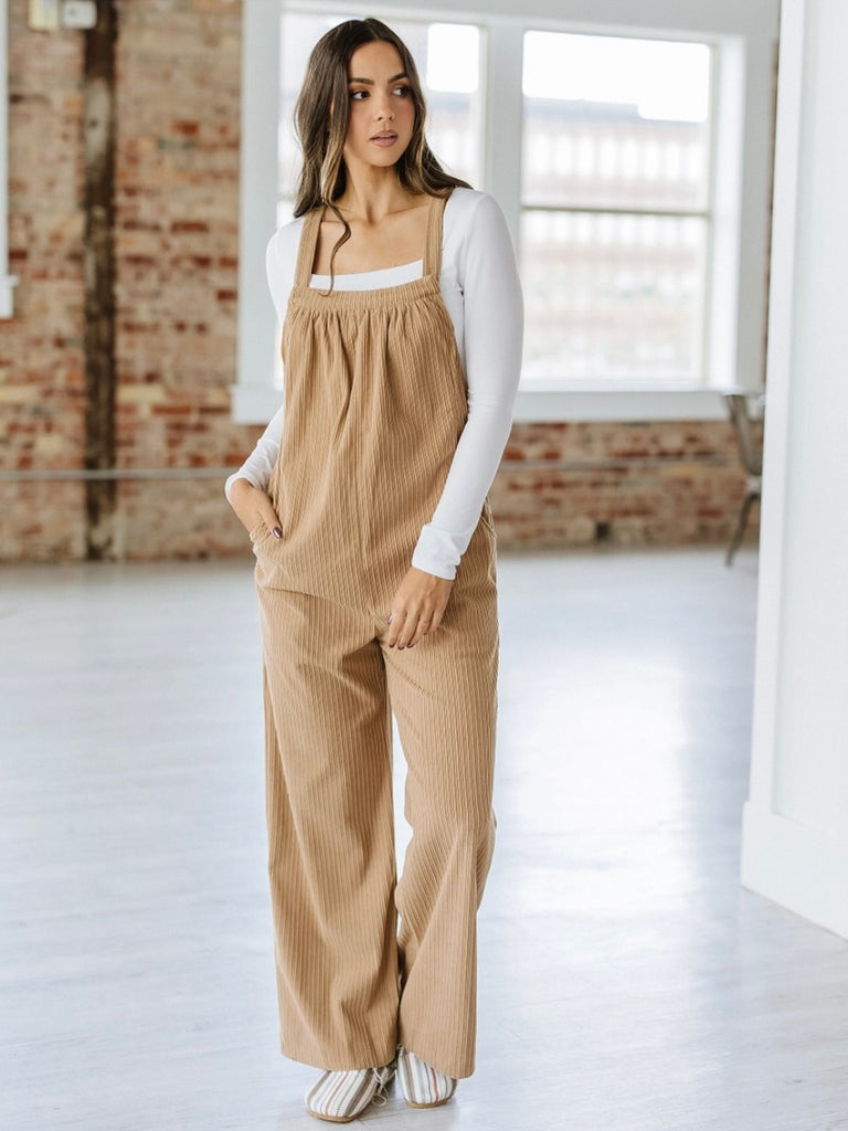  Beige , loose fit vintage-inspired corduroy Overalls with Multi-pocket design for added functionality.