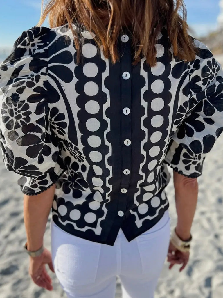 Black & White Abstract Print Puff Sleeve Top with Button Up back.