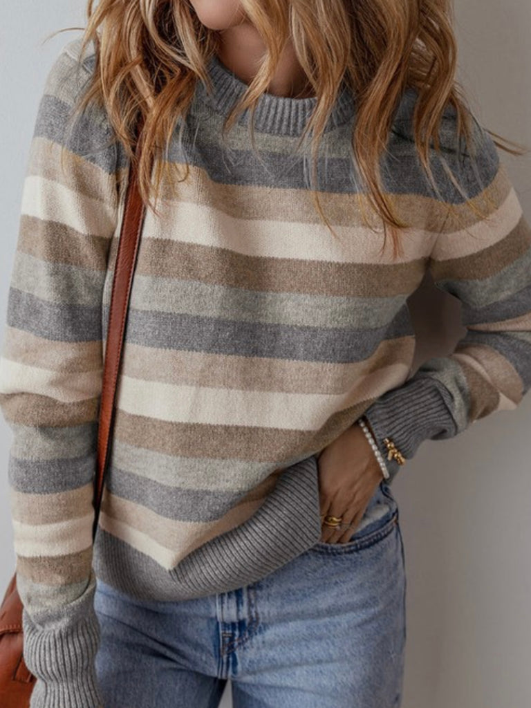  Blue Waters Stripe Sweater ,with  color-block stripes , features a Relaxed, comfortable silhouette with a flattering round neck, and ribbed edges at cuffs and hemline for added style and coziness.