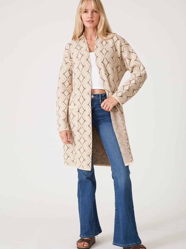 Creamy Natural Toned Cardigan features a western diamond print, long sleeves, and patch pockets, with a waist belt.