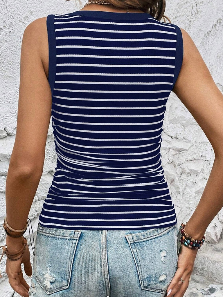 Contrast of Blue and white stripes and round neckline adds a cool casual summer look. 