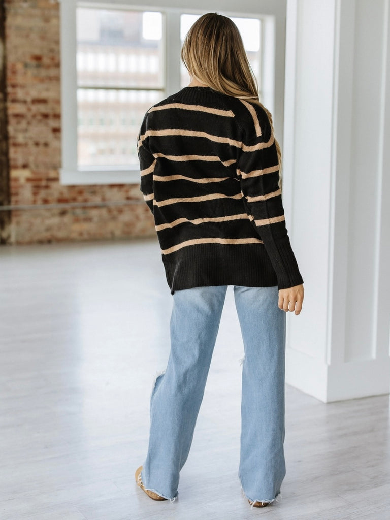  Black with soft neutral-toned Striped Cardigan, with classic V-neckline and a button front ,Relaxed drop shoulder.