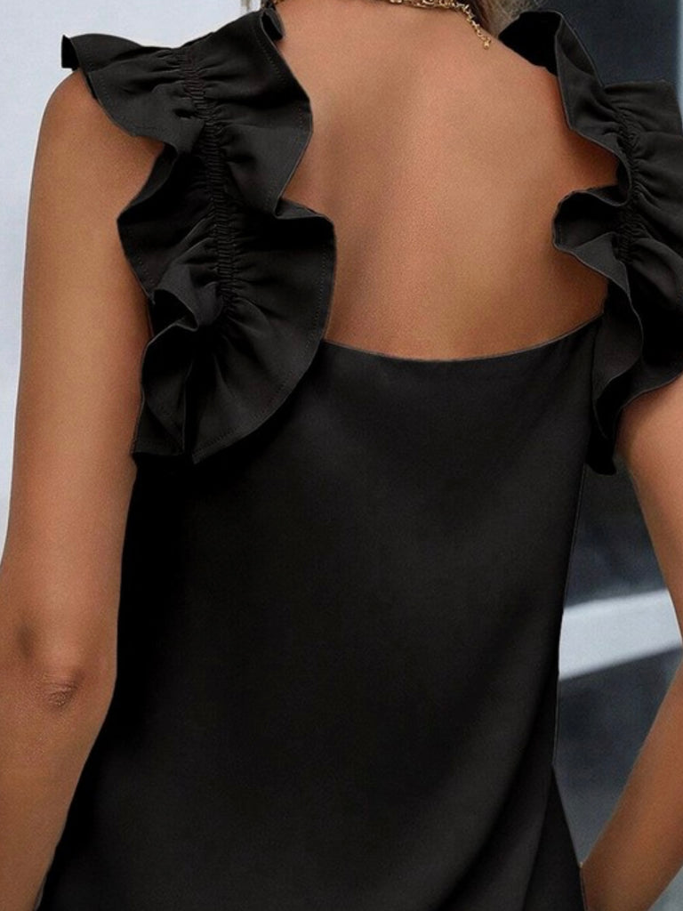 Black Coloured Tank Top features delicate Ruffle Trim on the Sleeves.