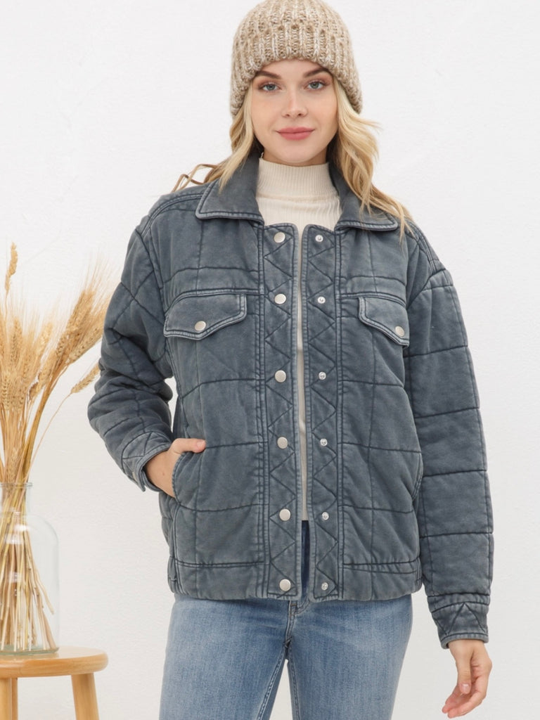 Grey Stone Washed Quilted Jacket! With a playful oversized fit and snap close and elastic waist.