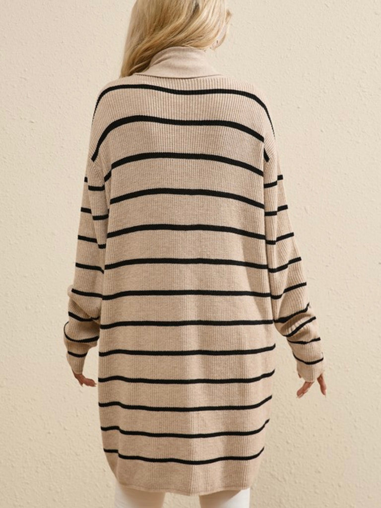 Neutral tan and black stripe pattern Cardigan featuring an open front and convenient pockets.