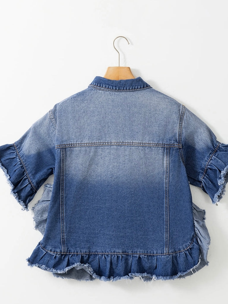 Ruffled  Hem Jean Jacket with durable denim fabric ruffled sleeves and raw edge add a touch of modernity.