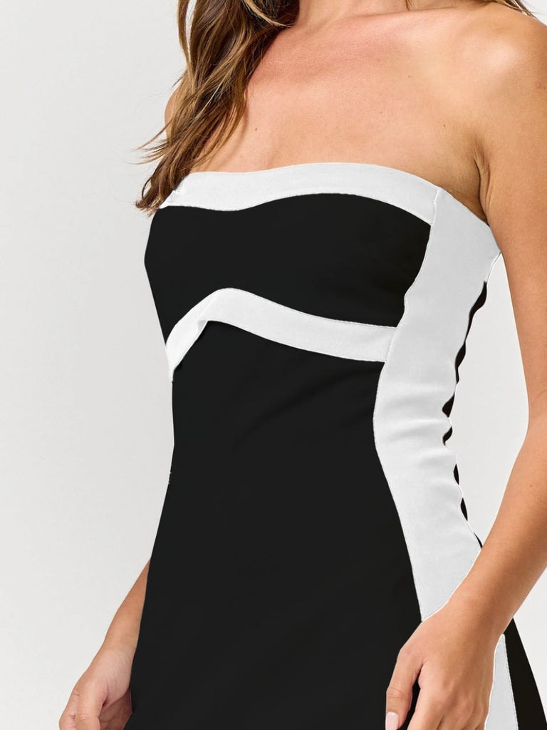 Black Contrasting body-skimming fit Tube Dress ,with a zipper back and stretchy material made from 96% polyester and 4% spandex.