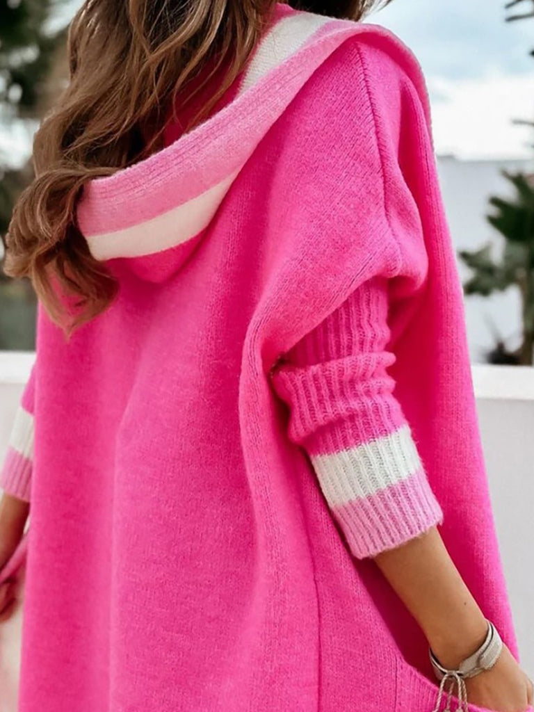 Ella hot pink Colour block long cardigan with hood.