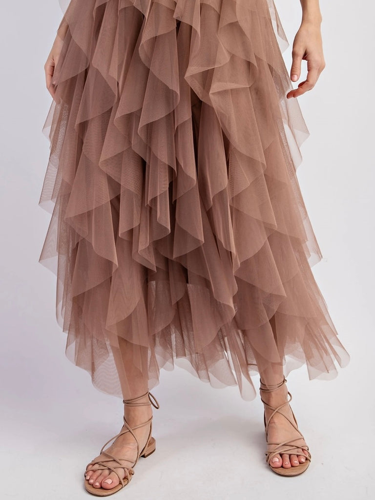  Mocha  Colour ,High Waist  Tulle Maxi Skirt, with multi-layered tulle mesh that creates a whimsical, cascading effect and its perfectly lined with a shorter inner skirt for modesty.