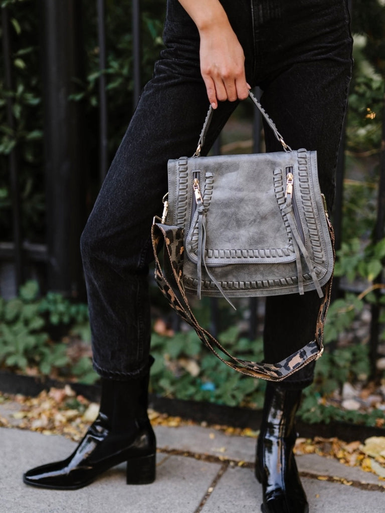 Grey 2 Zippered Pocket Vegan Leather Purse with gold hardware and adjustable Leopard Strap.