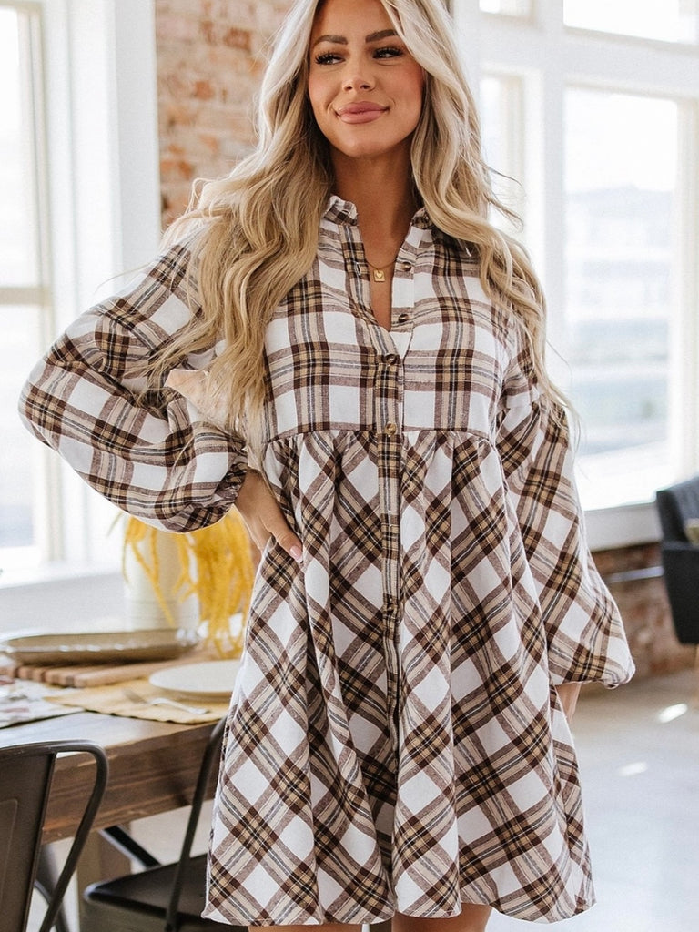  Button -Front ,Plaid Tunic Dress with bubble sleeves and high waist detail.