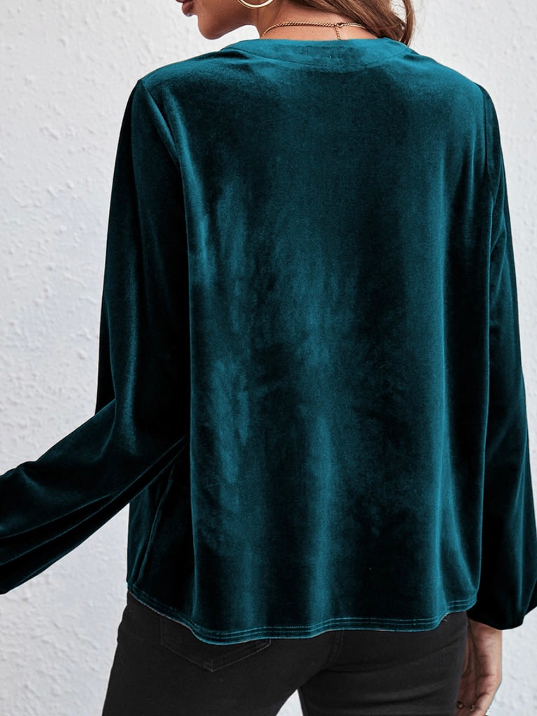 Teal Green  ,Split v-neck Velvet Top with a Relaxed fit, and Lantern sleeves with elegant beaded details.