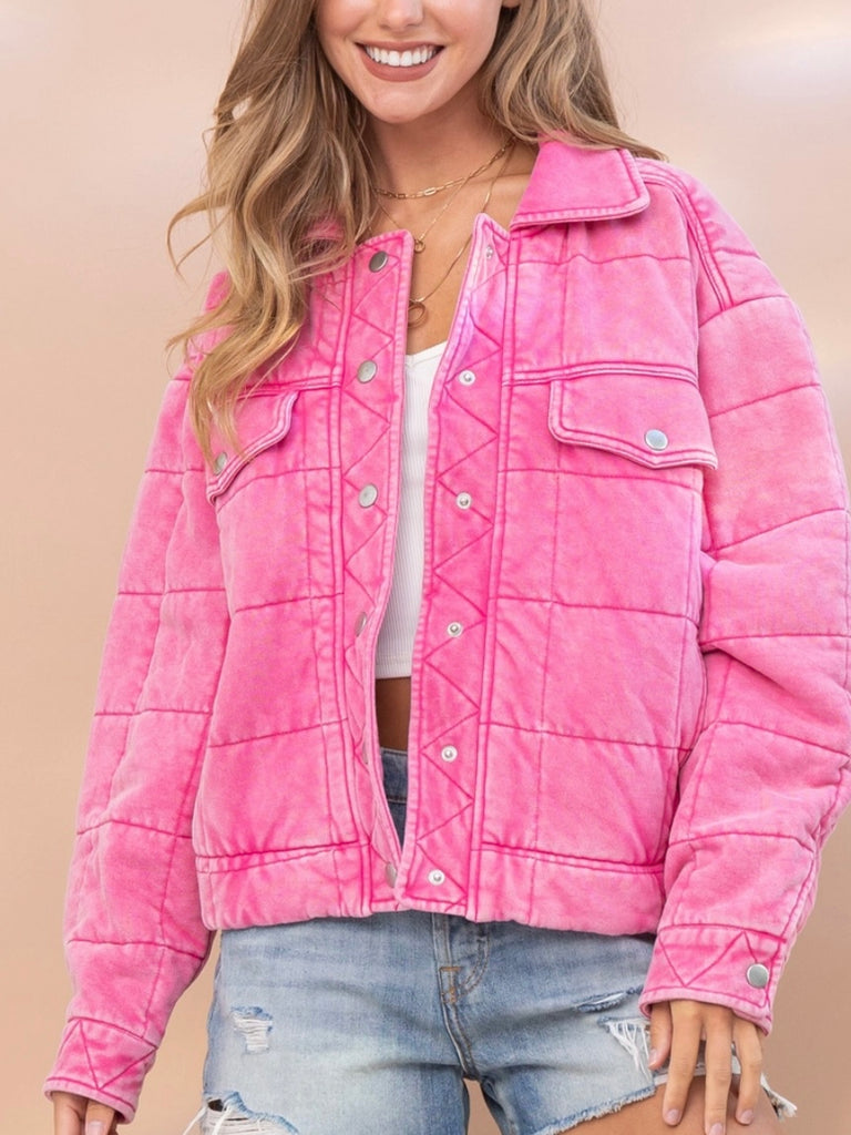 Pink Stone Washed Quilted Jacket! With a playful oversized fit and snap close.