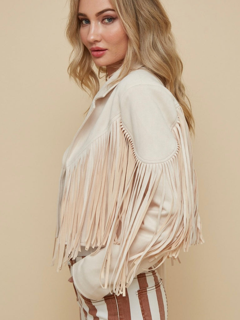  Rock your fun side with this Crafted Premium grade faux-suede Get Fringed Boho Jacket in cream.