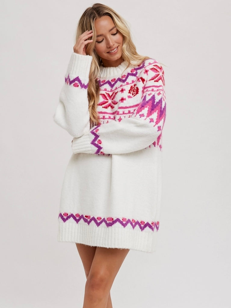 Soft Pink Ski Lodge Tunic Sweater Dress, in a Fair Isle pattern 